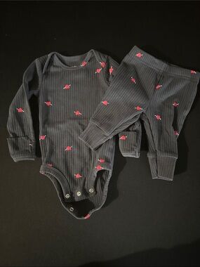 Carter's Dark Gray Ribbed Bodysuit & Pants Set with Red Bird Print